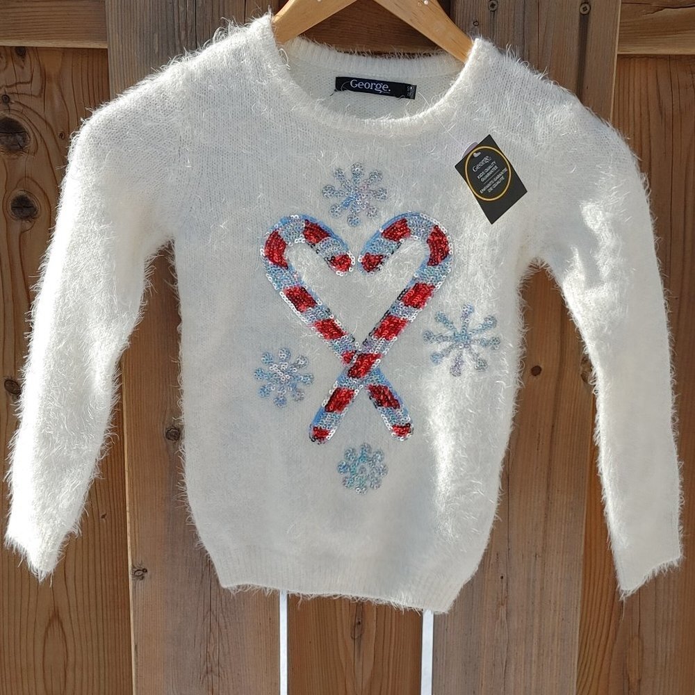 CUTE Kids Candy Cane Heart Snowflake Sweater Faux Angora Size Small (6) …